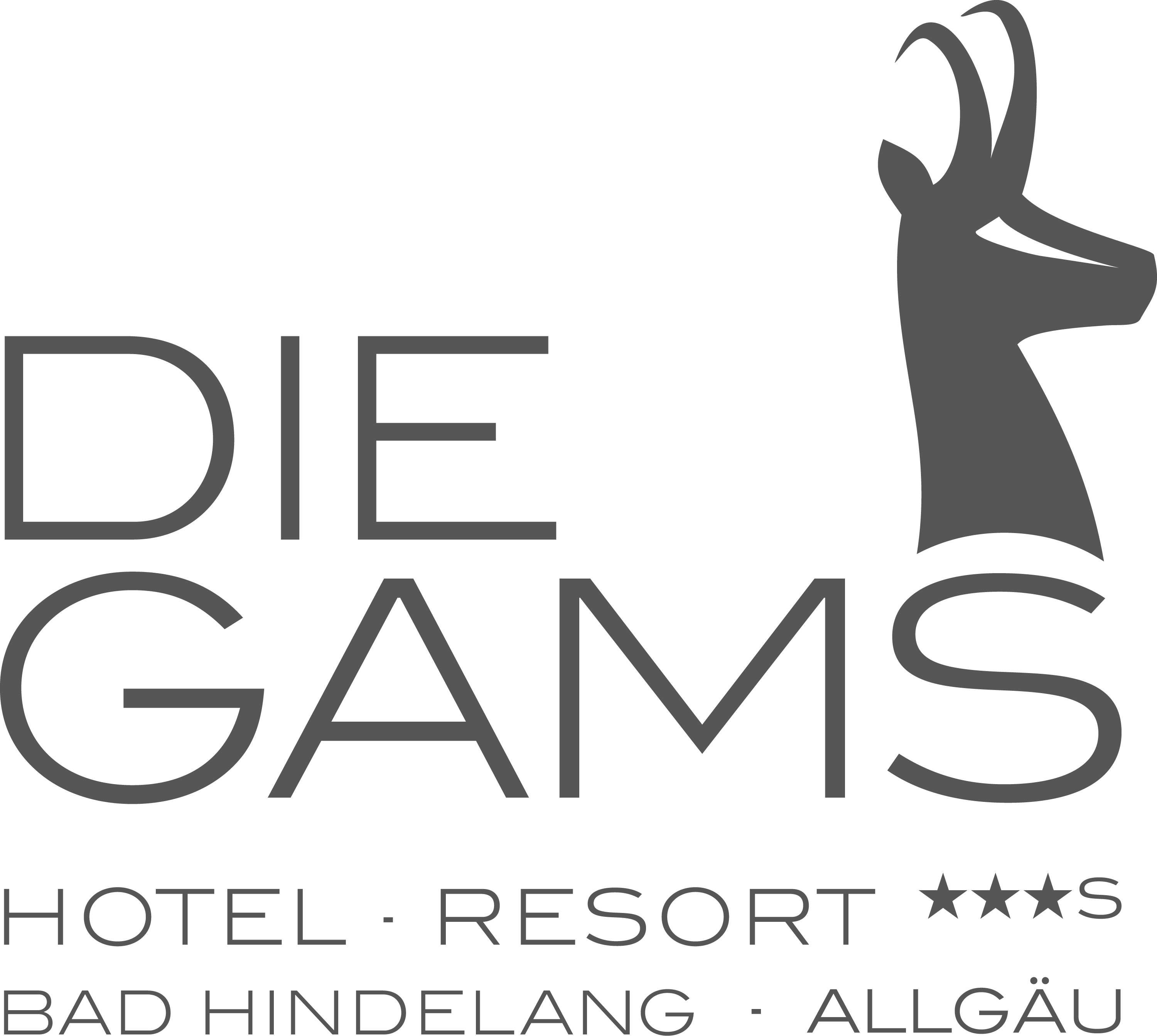 Graues Logo des Die Gams Hotel Resort in Bad Hindelang im Allgäu mit stilisierter Gams-Silhouette und drei Sternen für gehobenen Hotelkomfort.