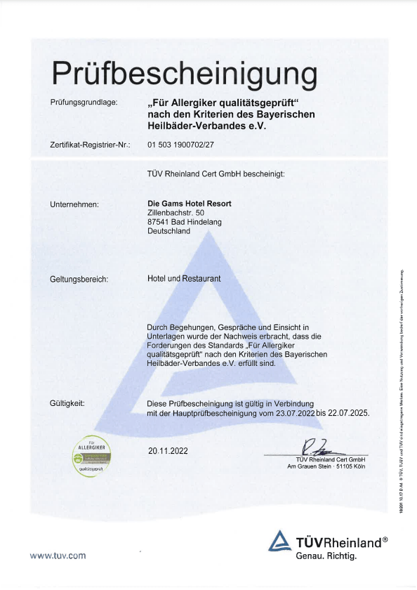 Zertifikat „Für Allergiker qualitätsgeprüft“ für Die Gams Hotel Resort in Bad Hindelang nach den Kriterien des Bayerischen Heilbäder-Verbands e.V., ausgestellt vom TÜV Rheinland.
