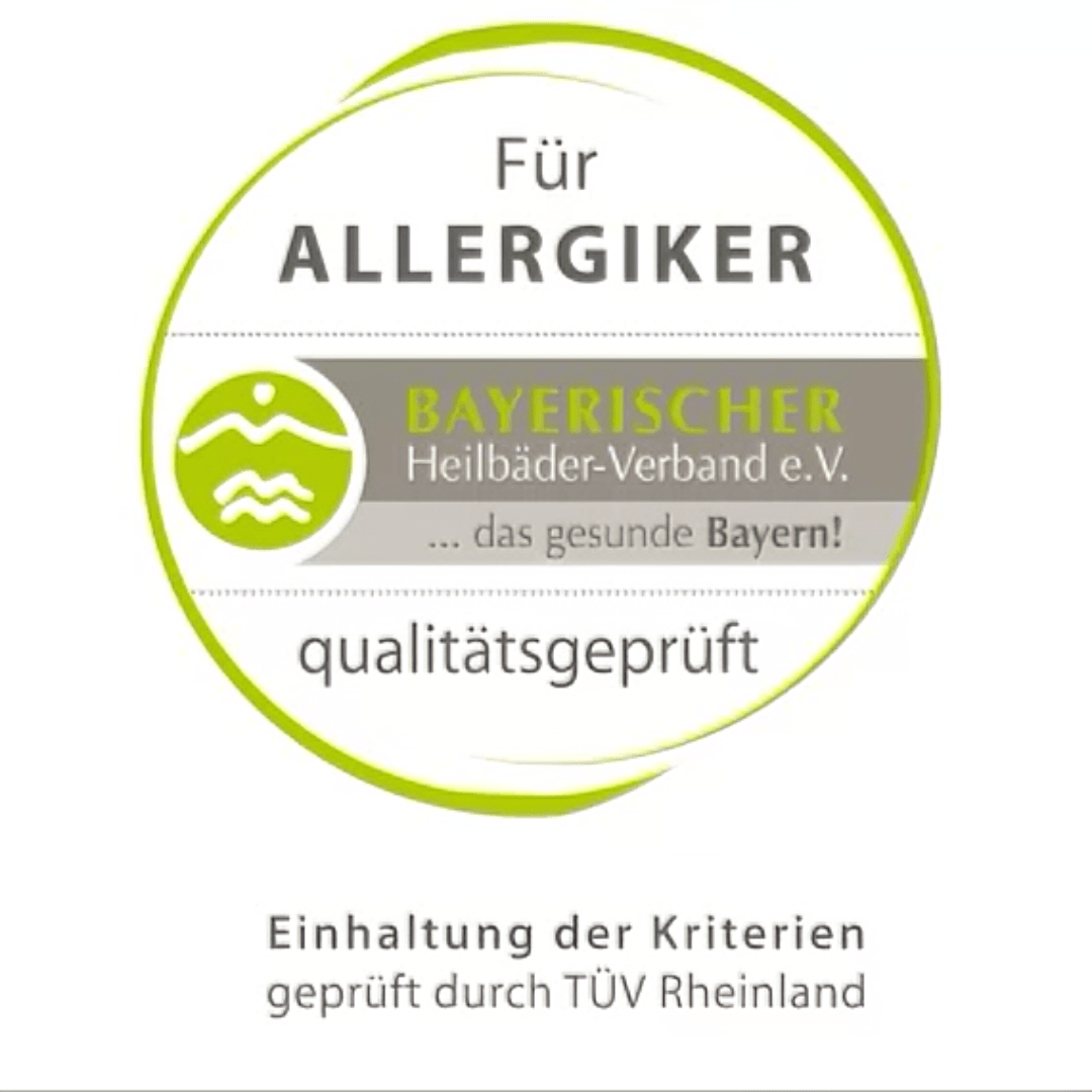 Qualitätssiegel „Für Allergiker qualitätsgeprüft“ des Bayerischen Heilbäder-Verbands e.V., geprüft durch TÜV Rheinland für allergikerfreundliche Unterkünfte.
