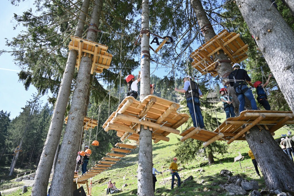 Adventure in the Bad Hindelang climbing forest in the Allgäu with secured participants on wooden platforms and rope courses between tall trees.