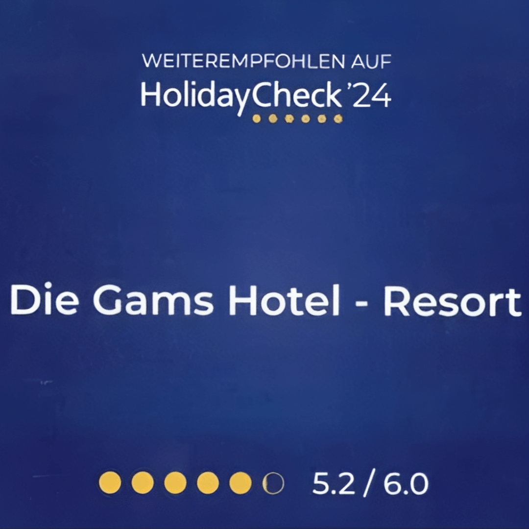 Auszeichnung für Die Gams Hotel – Resort in Bad Hindelang mit einer Bewertung von 5,2 von 6 auf HolidayCheck 2024 und Empfehlung durch Gäste.