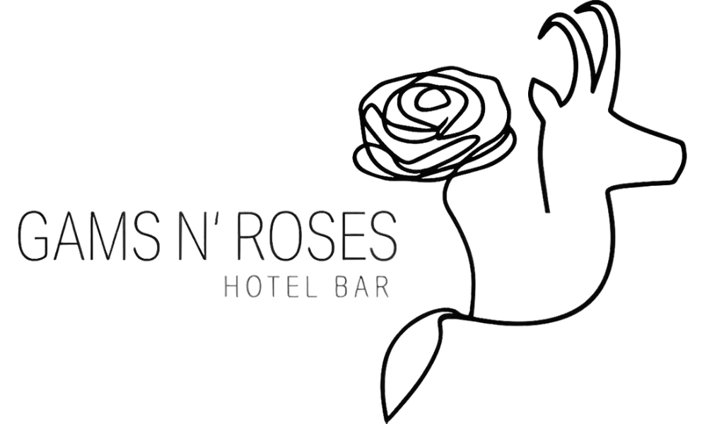 Logo der Hotelbar „Gams N’ Roses“ im Die Gams Hotel Resort Bad Hindelang mit stilisierter Gams und Rose – elegante Kombination aus Natur und Genuss.