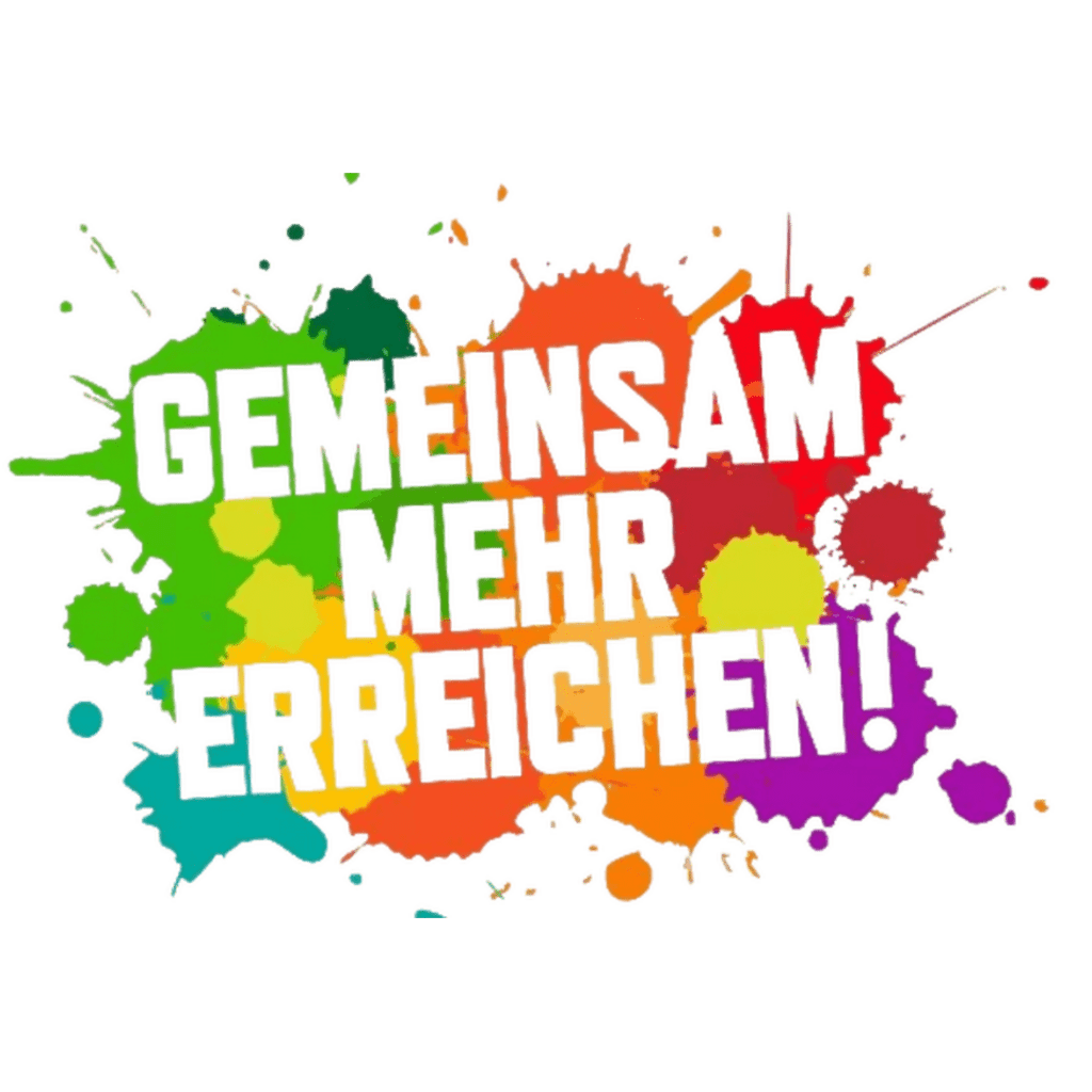 Buntes Logo mit Farbspritzern und dem Slogan „GEMEINSAM MEHR ERREICHEN!“ als Zeichen für Zusammenhalt, Teamgeist und gemeinsames Engagement.
