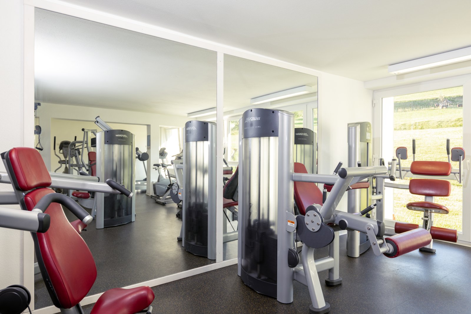 Moderner Fitnessraum in der Ferienanlage Die Gams in Bad Hindelang im Allgäu mit hochwertigen Geräten und Tageslicht.
