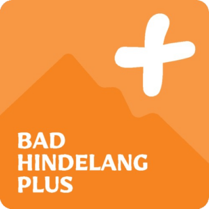Bad Hindelang PLUS logo with stylized mountain motif and white plus sign on orange background.