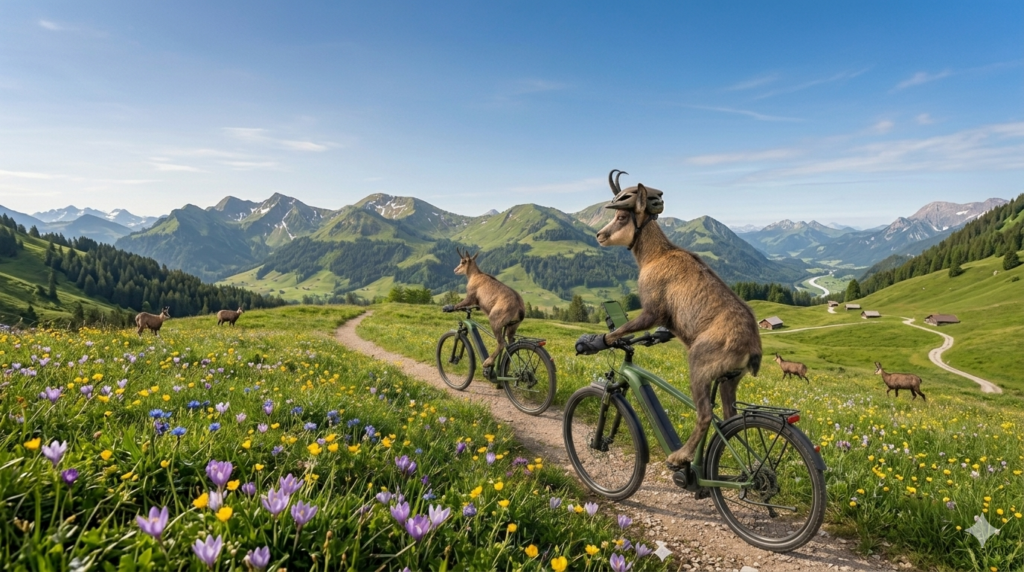 Zwei Gämse auf E-Bikes