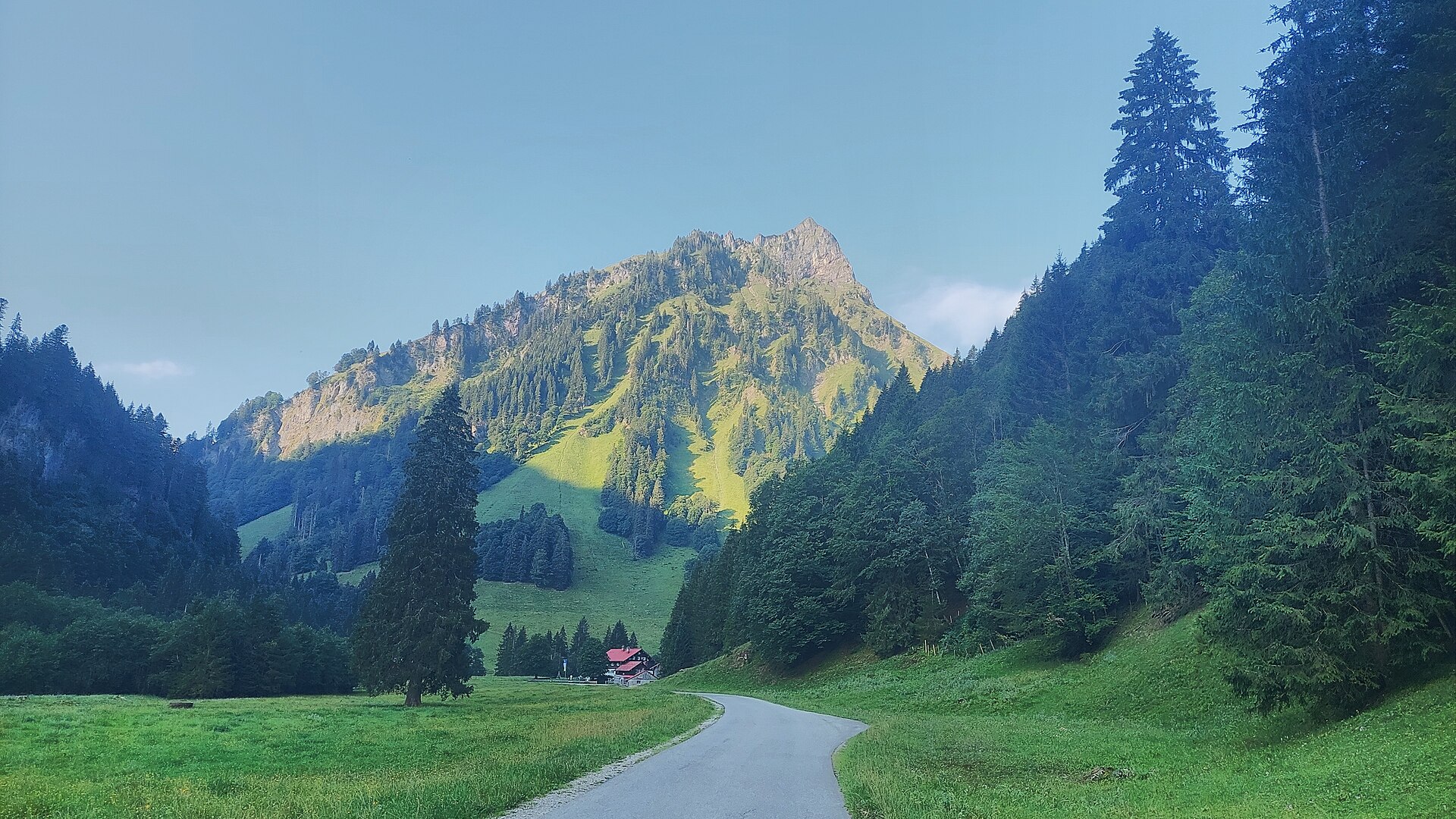 Asphaltierte Talstraße im Ostrachtal Richtung Giebelhaus, dahinter der Giebel in den Allgäuer Alpen