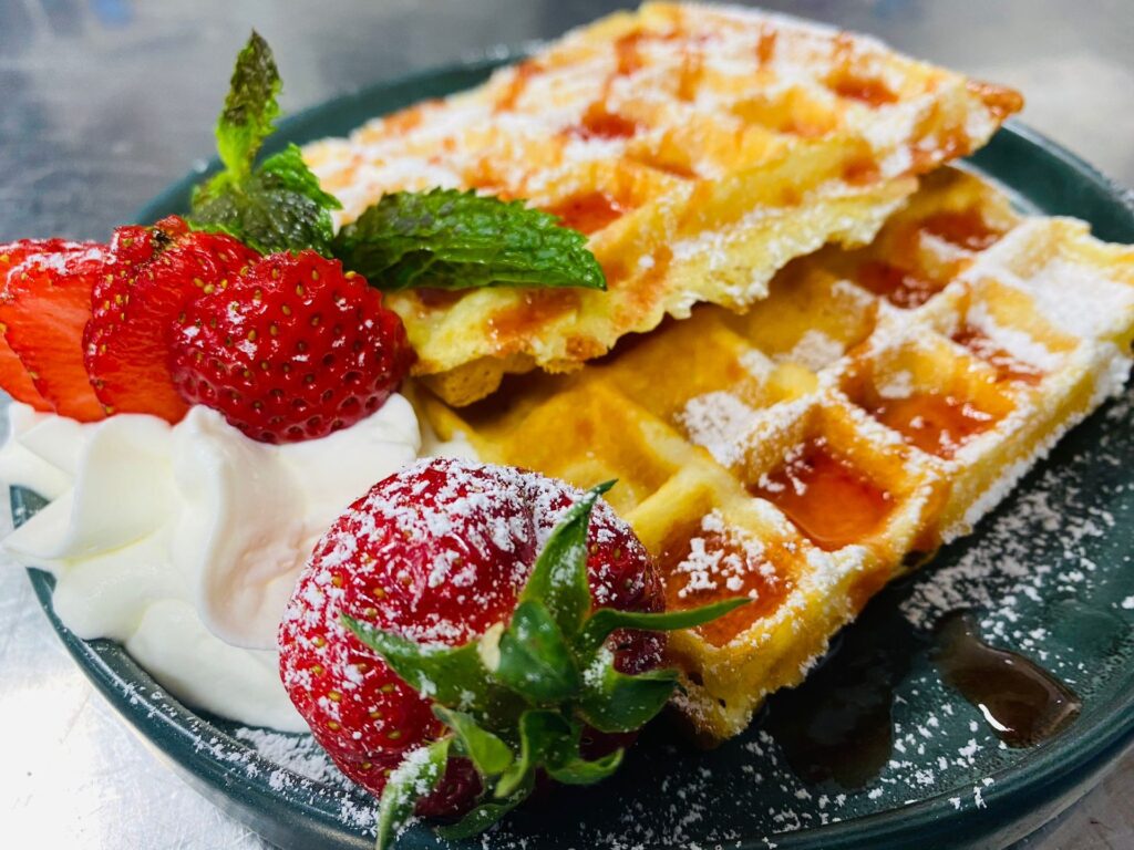 Waffel mit Erdbeeren und Sahne auf der Sonnenterrasse von DIE GAMS