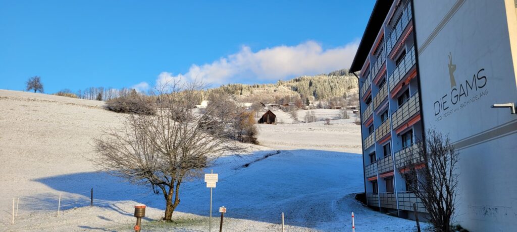Hotel DIE GAMS im Schnee mit Blick ins winterliche Ostrachtal