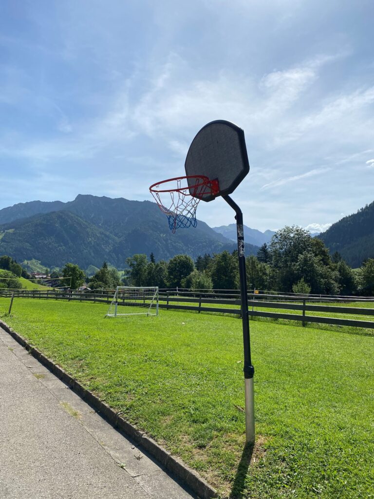 Basketballkorb auf der Wiese am Hotel DIE GAMS mit Bergblick