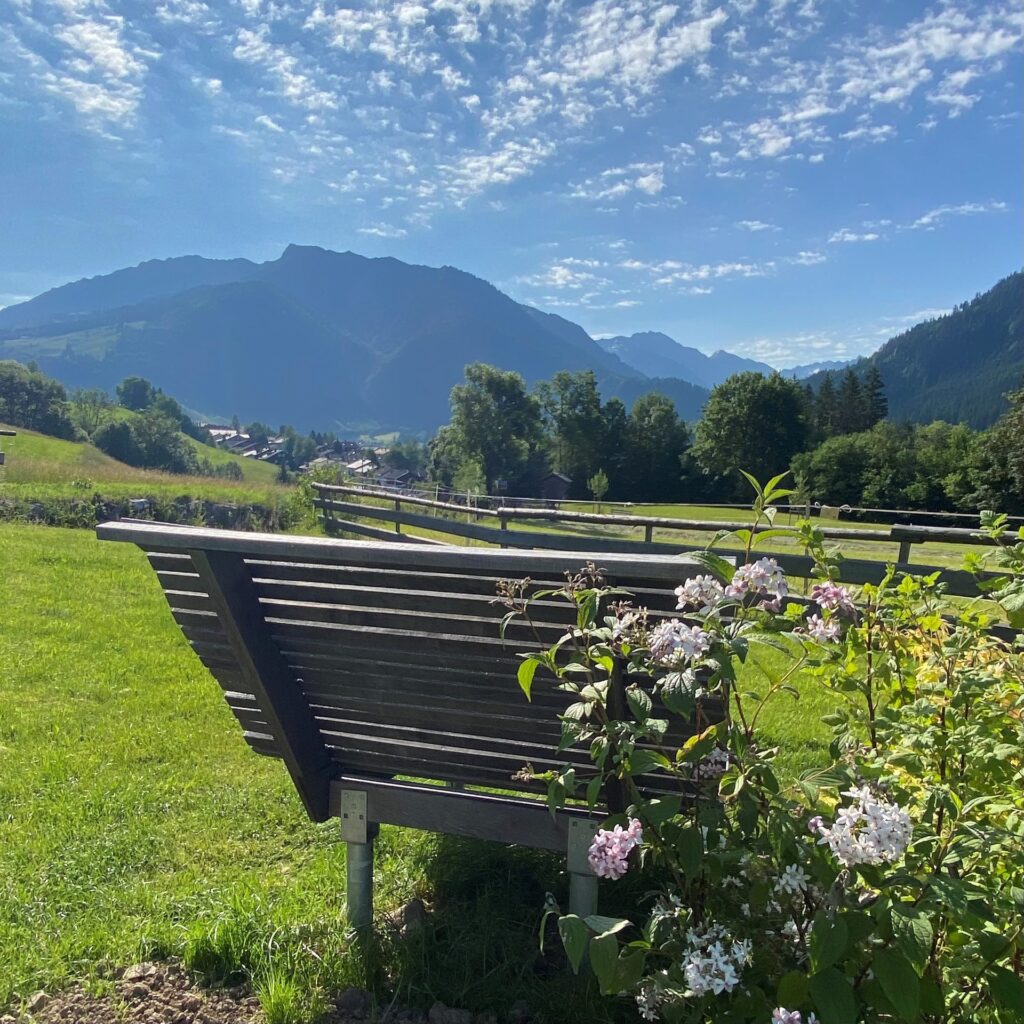 Bank mit Bergblick im Garten von DIE GAMS
