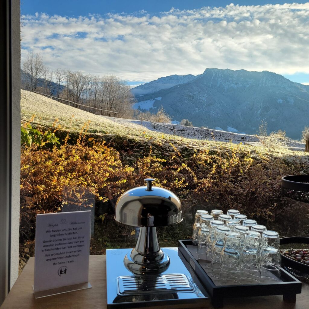 Teestation mit Blick auf die winterlichen Berge bei DIE GAMS