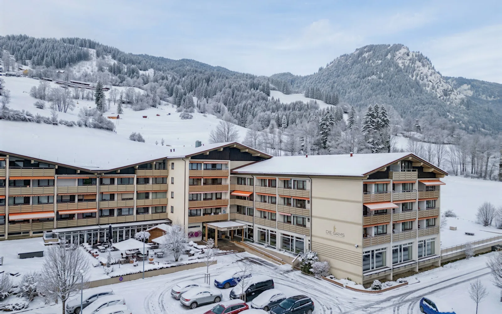 DIE GAMS in Bad Hindelang im Winter, dahinter das verschneite Imberger Horn