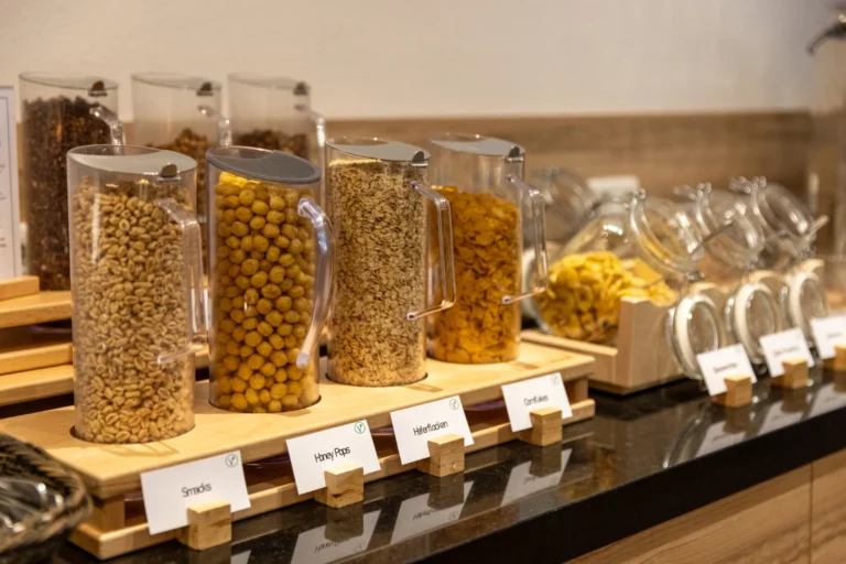 Müsli-Station mit Cerealien in Glasbehältern am Frühstücksbuffet im Hotel DIE GAMS