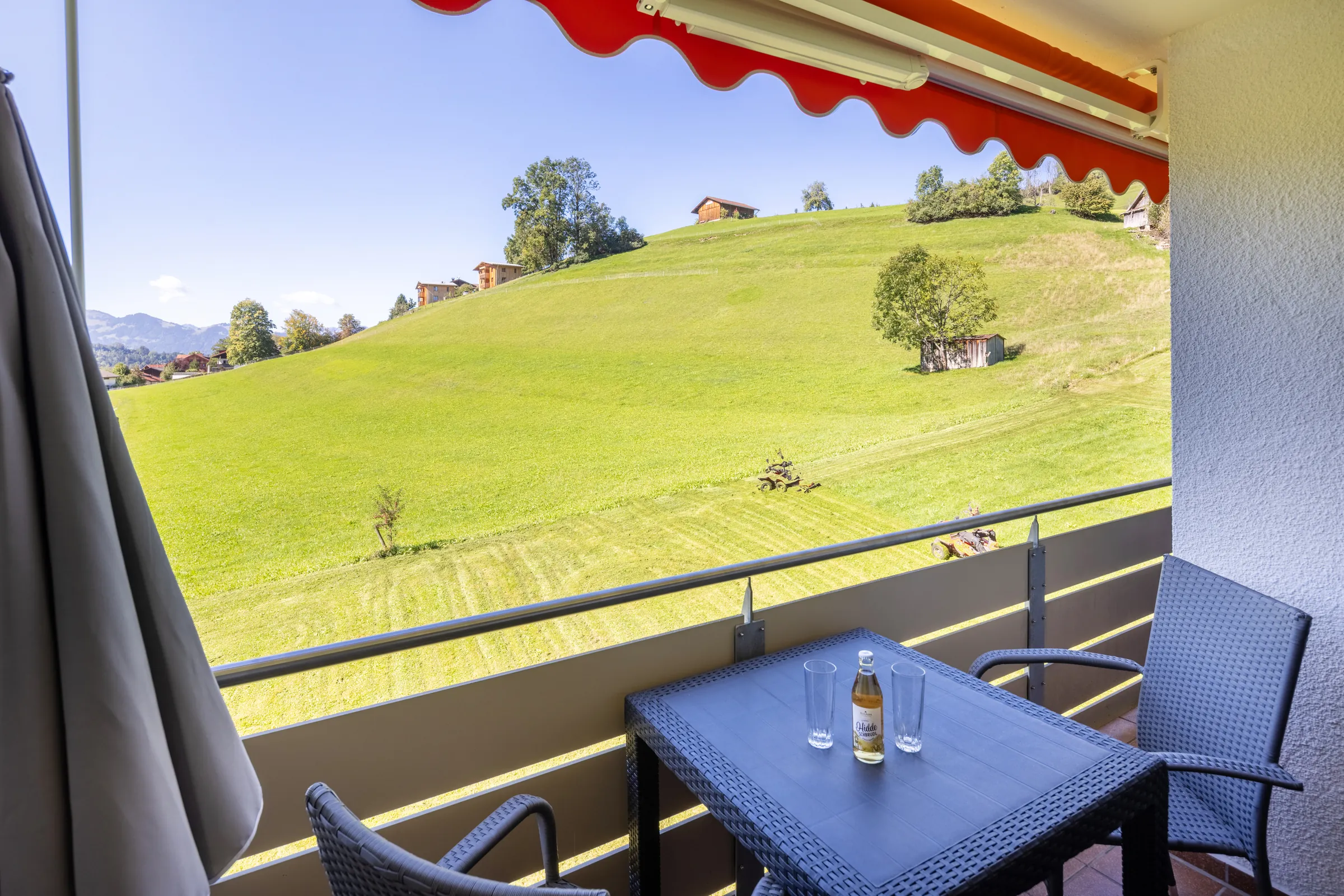 Balcony with table, chairs and a view of the mountain meadow