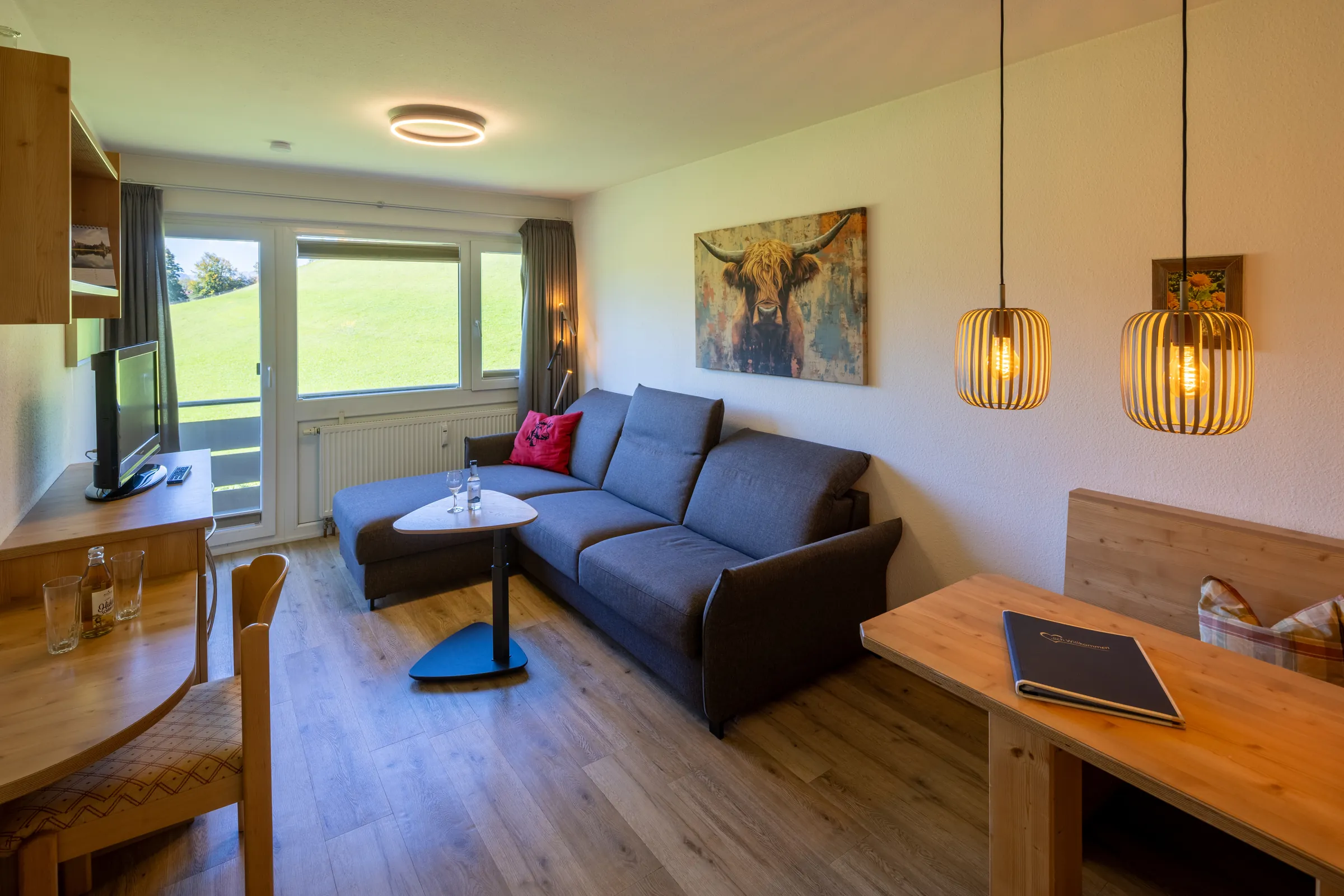 Living room with sofa bed, desk and balcony door in a Premium apartment