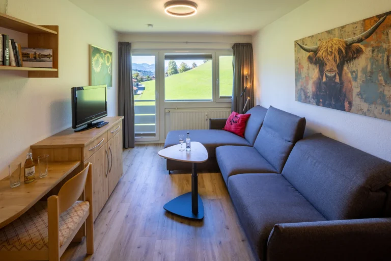 Wohnzimmer mit grauem Sofa, Fernseher und Bergblick in einem Premium-Appartement im Hotel DIE GAMS