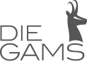 Graues Logo des Die Gams Hotel Resort in Bad Hindelang mit stilisiertem Gamskopf und moderner Schrift – Symbol für alpine Eleganz und Gastlichkeit im Allgäu.